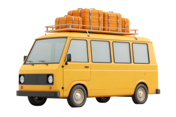 Bright yellow vintage van overloaded with luggage on its roof rack ready for travel