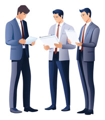 PNG Businessmen engage in a discussion as they read a financial report together teamwork standing meeting.