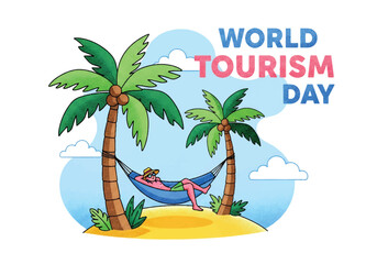 Flat illustration of a tourist relaxing in a hammock between palm trees on a tropical island, celebrating World Tourism Day with themes of vacation, leisure, and summer travel