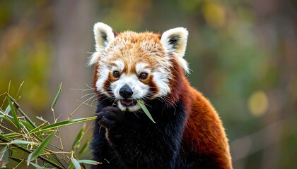 Close-up of red panda eating bamboo