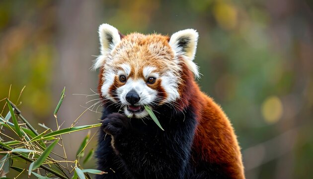 Close-up of red panda eating bamboo