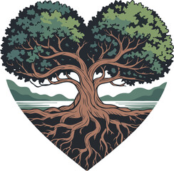 This vibrant illustration depicts a majestic tree with sprawling roots and lush foliage, contained within a heart shape, set against a background of mountains and a lake