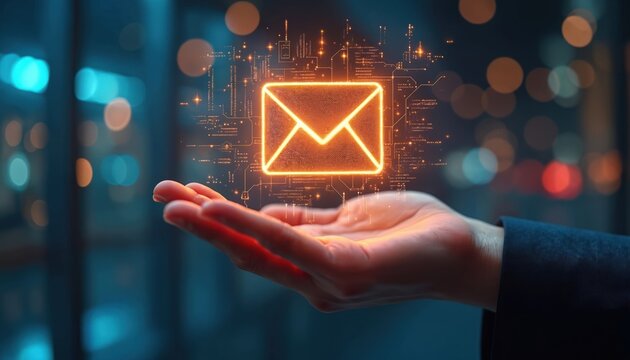 Human hand shows illuminated email icon, surrounded by digital circuit patterns. Abstract visual represents modern global communication. Data flows through online networks for business contact,