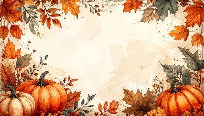 A charming autumnal border design, featuring vibrant orange and earthy tones pumpkins, leaves, and berries, set against a textured, cream-colored background.