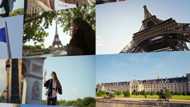 Paris video collage featuring architecture landmarks Eiffel Tower Arc de Triomphe and historic buildings showing the capital of France travel and tourism in Europe
