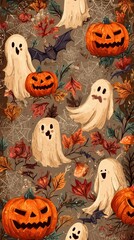 Colorful Halloween themed pattern featuring playful ghosts, pumpkins, and autumn leaves in a festive arrangement