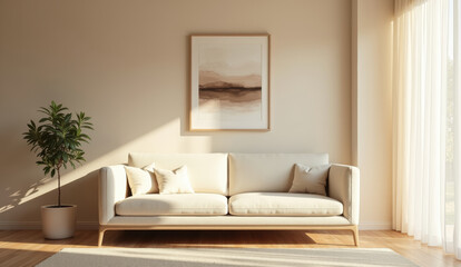 Fototapeta premium living room wall painted in soft beige, low-profile cream sofa with framed abstract artwork above.