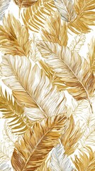 Elegant gold and white floral pattern featuring tropical leaves on a transparent background