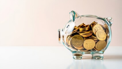 Transparent glass piggy bank full of golden coins on a white table with a bright background and ample copy space for text
