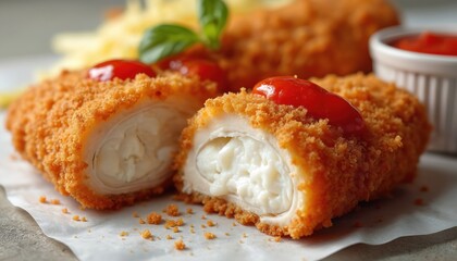 Crispy breaded chicken roll filled with creamy cheese. Served with ketchup and fries. Close-up of golden fried food, delicious meal. Appetizing snack, comfort dish for dinner.