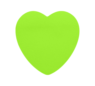 Vibrant Green memo note in the shape of a heart, isolated on white background. Ideal for love notes, daily reminders, or decorative purposes with its cheerful color.