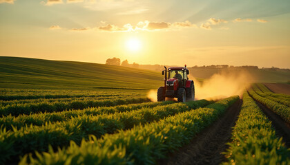 Obraz premium Red tractor plows green farm field at sunset. Dust rises from agricultural machine working on vast countryside landscape under warm golden sky. Rural farming scene.