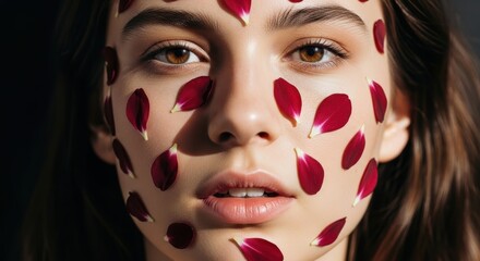 Young caucasian female with red petals on face in artistic floral portrait