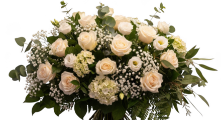 Elegant arrangement of pale pink and white roses with delicate baby s breath isolated on transparent background