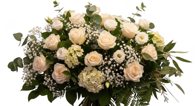 Elegant arrangement of pale pink and white roses with delicate baby s breath isolated on transparent background