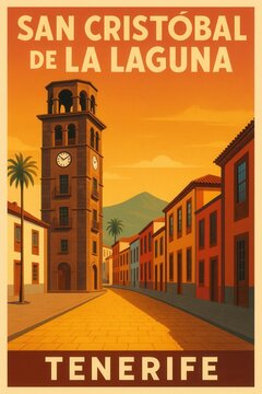 Sunset view of a tall clock tower and surrounding colorful colonial buildings along the quiet streets of San Crist&oacute;bal de La Laguna in Tenerife