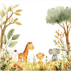 Watercolor safari animals and foliage with a giraffe, lion cub, and elephant vector illustration © Ishtiaq