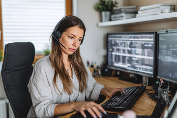 Professional female VA handling client communications from home office setup - remote administrative services and business support photography for virtual assistance and business services