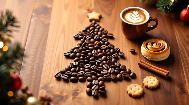 Warm holiday coffee moment, with a festive arrangement of beans and treats on a wooden table.