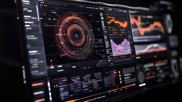 Exploration of digital data visualization techniques on a black background with intricate graphics, digital data processing over scope on black background - Powered by Adobe