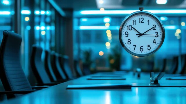 Clock overlaying business meeting in modern conference room highlighting productivity and time management strategies, Clock overlaying business meeting in modern conference room