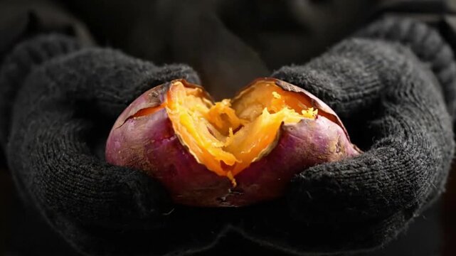 Roasted Sweet Potato Split Open Hot Food Close Up Animation