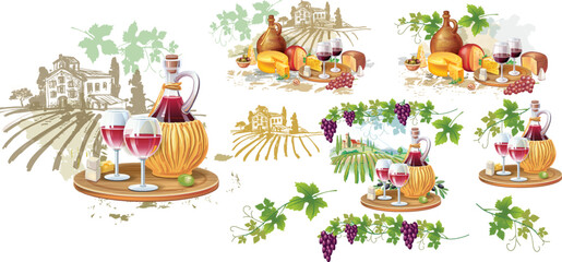 Mediterranean Wine and Cheese Still life Set Illustration