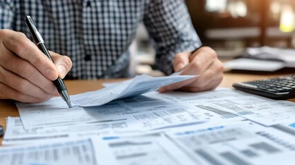 Senior Caucasian male processes financial data while working at a desk with documents and calculators in a bright office, financial data processing over senior caucasian couple checking bills - Powered by Adobe