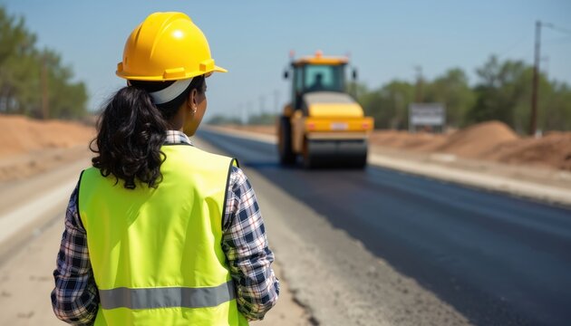 Black woman construction worker in yellow safety helmet and vest monitors road paving. Asphalt roller compacts new asphalt pavement. Infrastructure development project. Road construction site.