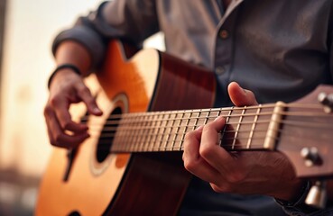 Man plays acoustic guitar. Musician performs with wooden instrument outdoors. Close-up shows fingers on fretboard. Warm sunlight illuminates scene. Music, hobby, passion.