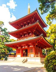 Red pagoda, three stories high, in a Japanese temple garden, bathed in sunlight