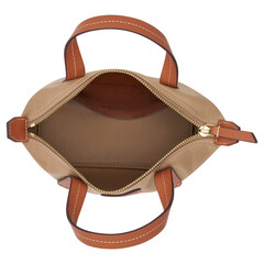 Elegant brown handbag interior view with zipper and leather handles