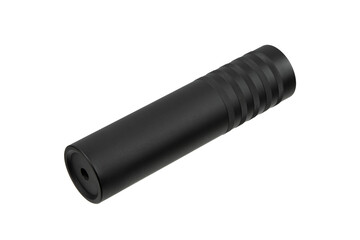 Black silencer for weapons. Suppressor that is at the end of an assault rifle. Isolate on a white back.