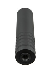 Black silencer for weapons. Suppressor that is at the end of an assault rifle. Isolate on a white back.