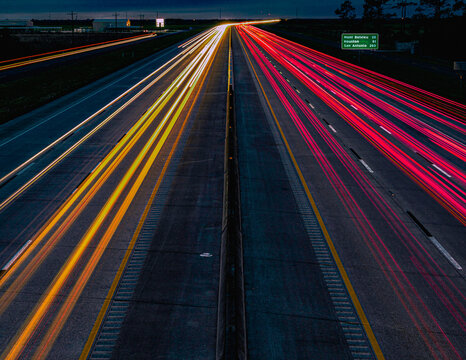 Long Exposure Highway Light Trails at Night in Texas