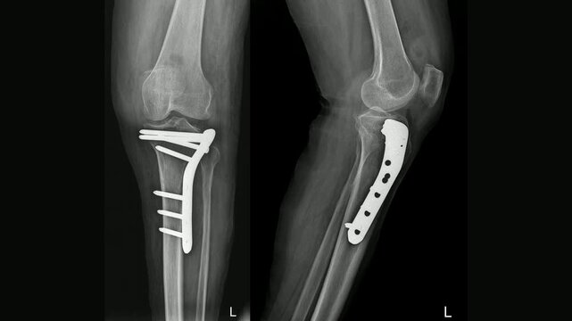 Post-operative X-ray of left knee showing plate and screw fixation &ndash; AP and lateral views