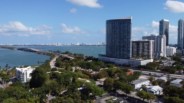 Aerial drone video of Julia Tuttle Causeway and Edgewater skyline in Miami