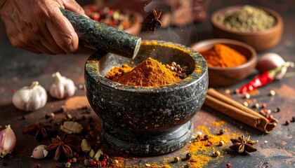 Create fresh garam masala blend aromatic whole spices, traditional indian spice grinding using stone mortar pestle