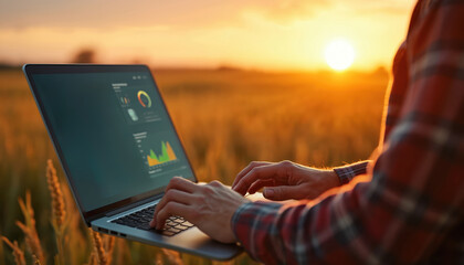 Farmer uses laptop in wheat field at sunset. Person checks data graphs on computer screen. Rural worker analyzes crops on farmland. Technology in agriculture.