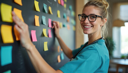Young woman in medical scrubs and glasses smiles while organizing colorful notes on a dark board. She works on a project plan, planning tasks, brainstorming ideas. Medical pro uses sticky notes.