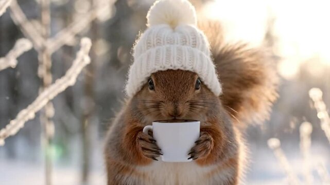 An adorable brown squirrel wearing a cozy white knit pompom hat enjoys a warm drink from a tiny white mug on a beautiful frosty winter morning outside