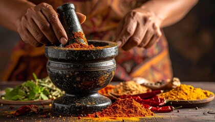 Fresh garam masala blend aromatic whole spices, traditional indian spice grinding using stone mortar pestle create