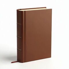Closed brown hardcover book with red bookmark. Blank cover, spine has decorative ridges. Simple object, minimal design, studio shot. Represents knowledge, stories, or learning.