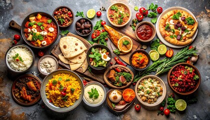 Food backgrounds table filled large variety international cuisine dishes different cultures arranged overhead perspective view