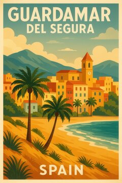 Poster art of Guardamar del Segura Spain showing palm trees old church tower and colorful village buildings beside beach with mountains and sky in background