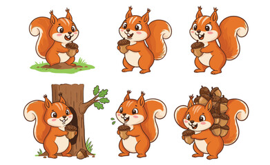 Cartoon squirrel holding acorns in playful poses, forest animal illustration for kids, nature theme, autumn clipart, educational design