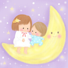 夜空の三日月に乗るかわいい子供たち-姉と弟