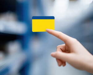 Warehouse stock clearance, hand pointing at yellow and blue card in warehouse environment with stock and clearance items blurred in background