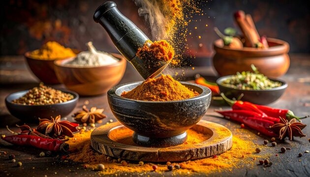 Traditional Indian spice grinding using stone mortar pestle create fresh garam masala blend aromatic whole spices - Powered by Adobe