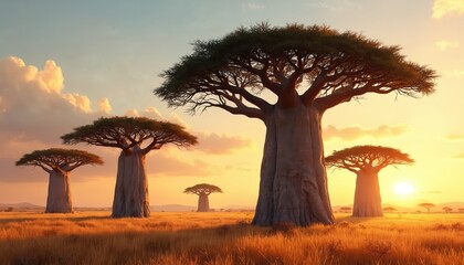 Obraz premium Baobab trees stand tall in savannah at sunset. Large trees with thick trunks and sprawling canopies dominate landscape. Golden grass and vibrant sky with clouds create serene atmosphere.